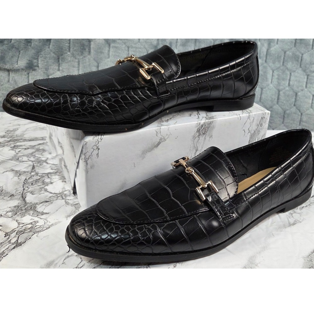HM Womens Black Croc Embossed Horsebit Loafers Almond Toe Slip On Shoes‎ Size 40